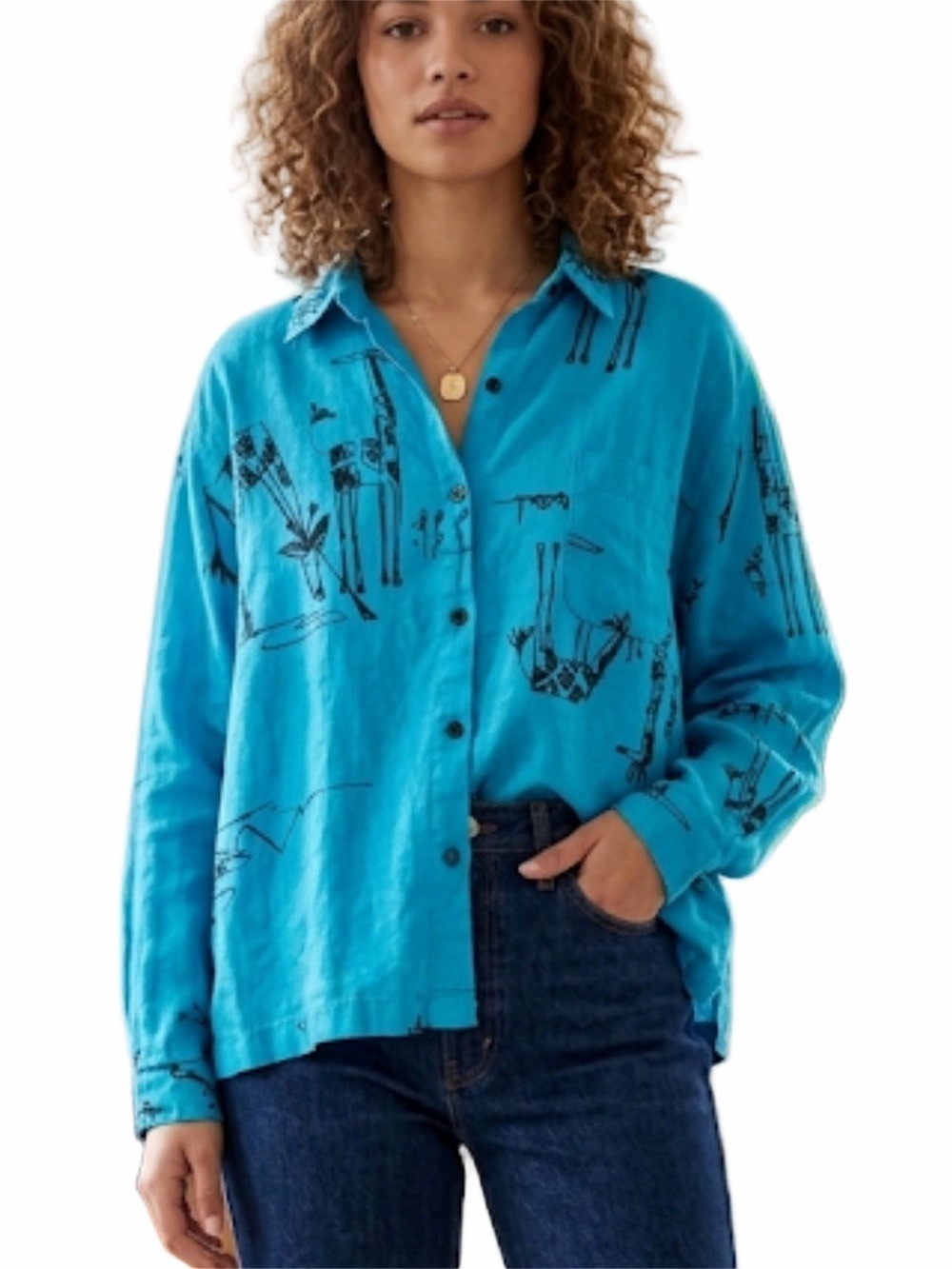 Chico’s Giraffe Print Linen blouse/Jacket Turquoise Boxy Button Front Size 3